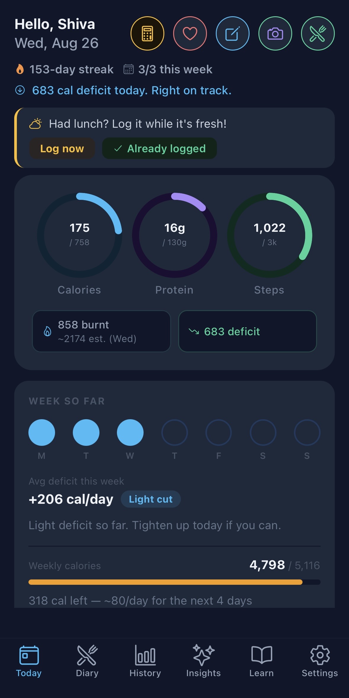 BodyLens Today tab showing three progress rings for calories, protein, and steps
