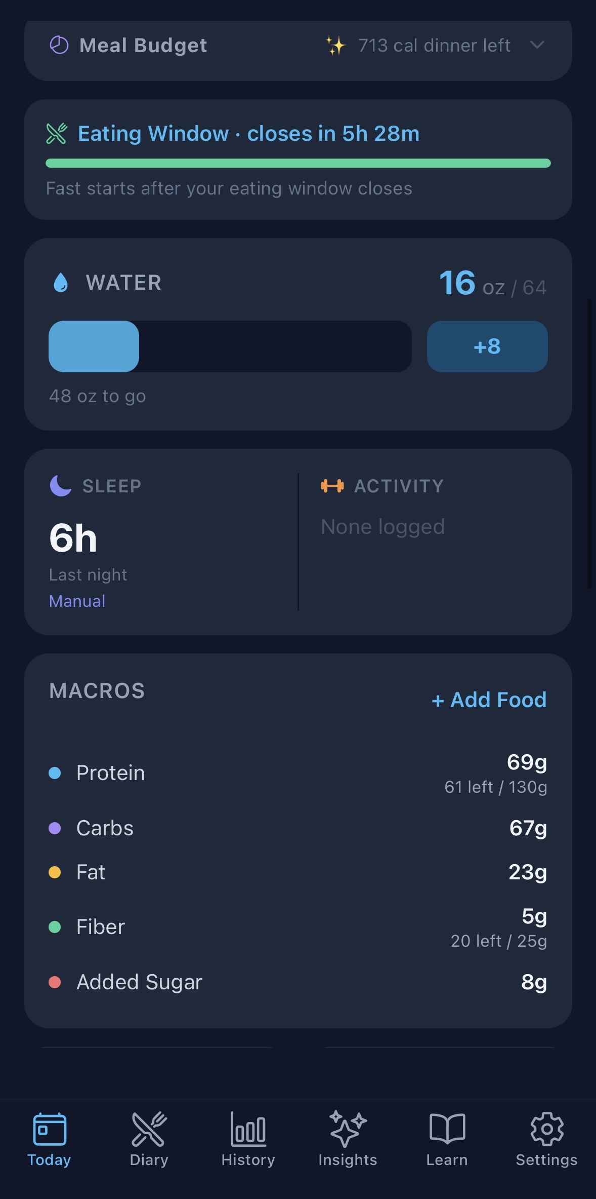 BodyLens intermittent fasting timer card showing eating window countdown