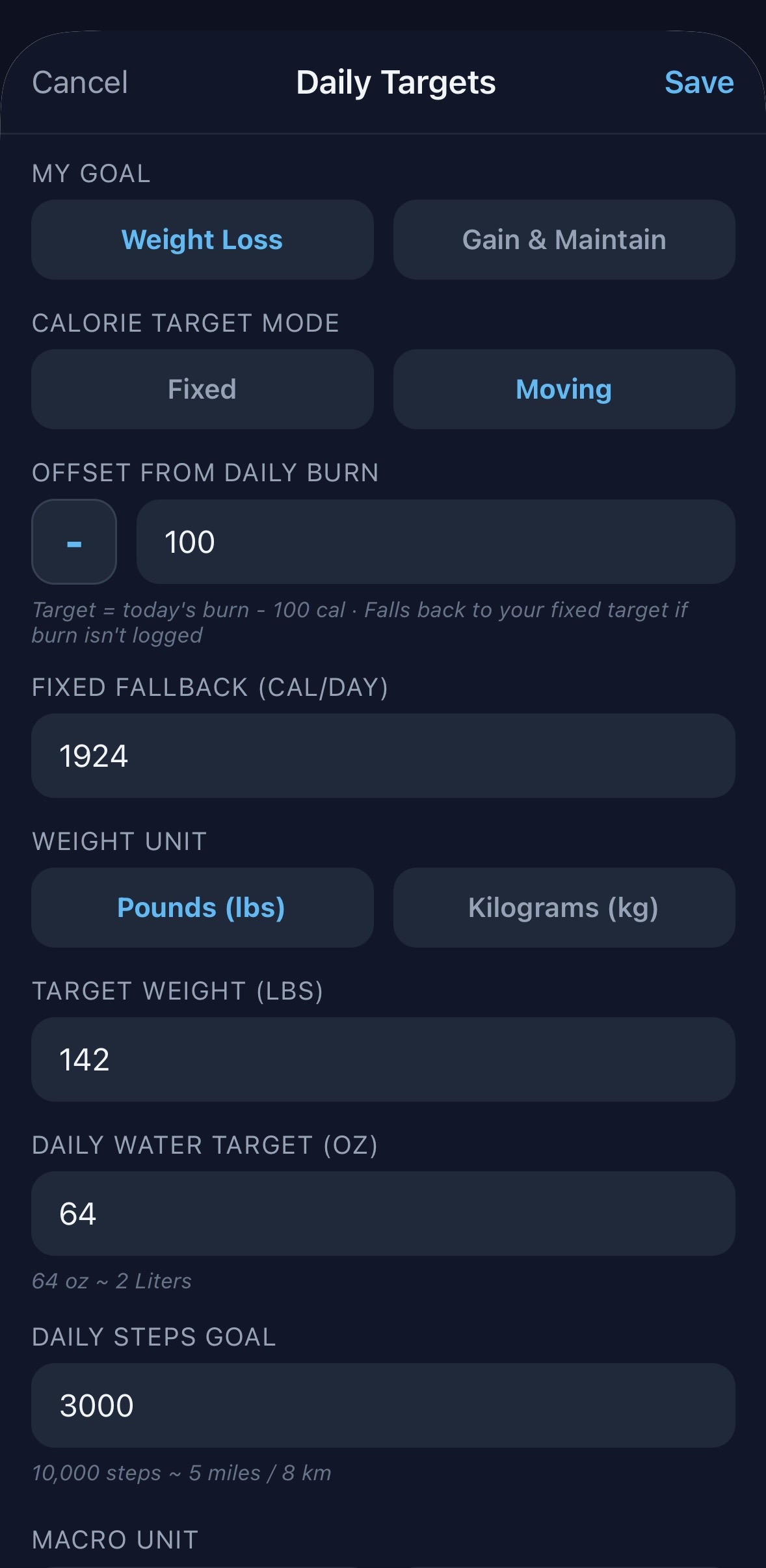 BodyLens target settings showing Fixed and Moving calorie target options